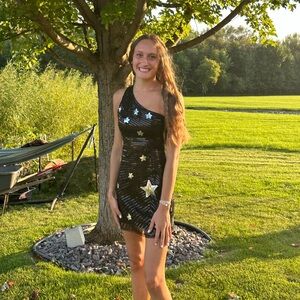 Hello Molly Black and Silver Star Midi Dress